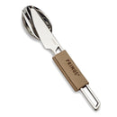 Compact Primus CampFire lightweight stainless steel cutlery set with knife, fork, spoon, and leather carrying sleeve for camping.