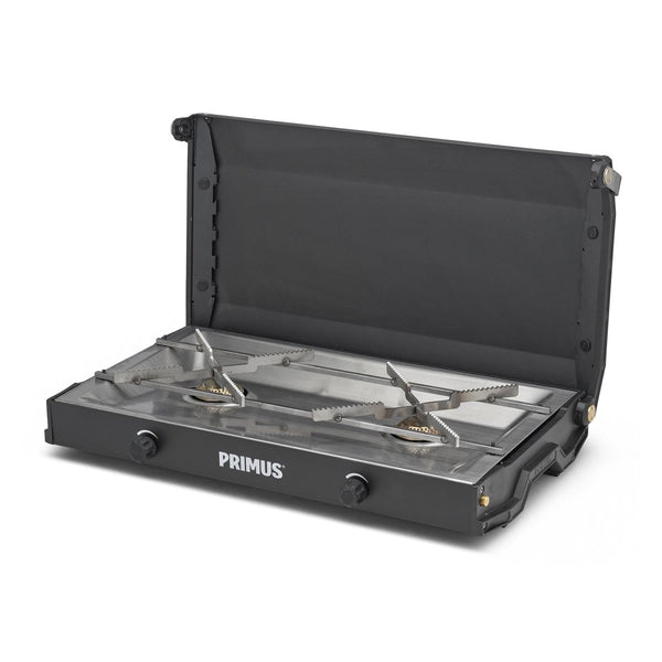 Primus Kinjia black portable dual burner camping stove with stainless steel pot supports and foldable lid