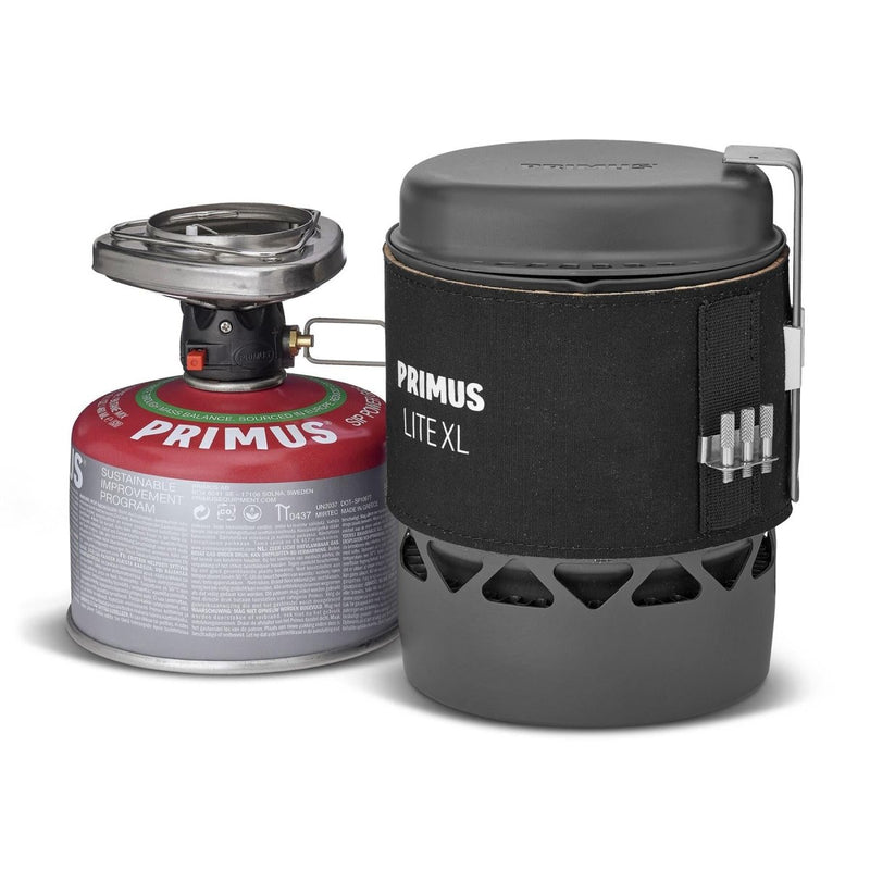 Primus Lite XL lightweight camping cooking set with 1L pot and fuel-efficient burner, ideal for outdoor hiking meals.