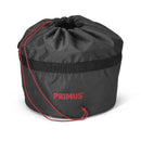 Black drawstring storage bag with red Primus logo for camping stove pot set carrying and protection