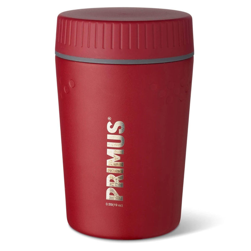 Red Primus Trailbreak vacuum insulated jug with screw-on lid for camping and outdoor heat retention flask.