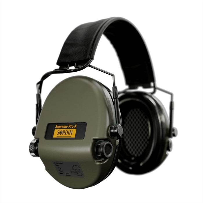 Grüner Sordin Supreme Pro-X Hear 2 Schlanker taktischer On-Ear-Gehörschutz mit verstellbarem Kopfbügel und Bedienknöpfen