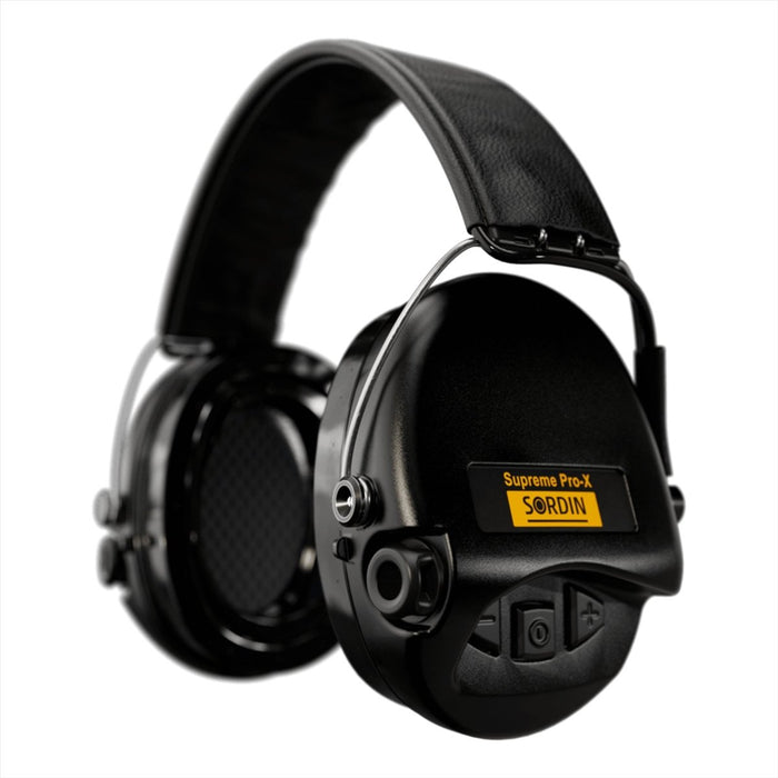 Schwarzes elektronisches Schieß-Gehörschutz-Headset Sordin Supreme Pro-X LED mit verstellbarem Kopfbügel und Bedientasten