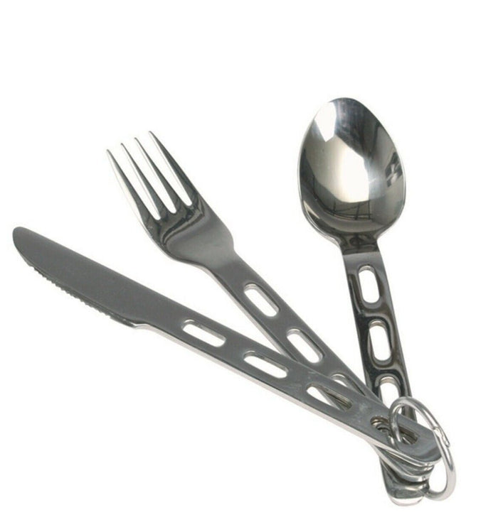 Kompaktes Wanderbesteckset aus Edelstahl mit Messer, Gabel und Löffel, die zum einfachen Tragen durch einen Metallring verbunden sind.