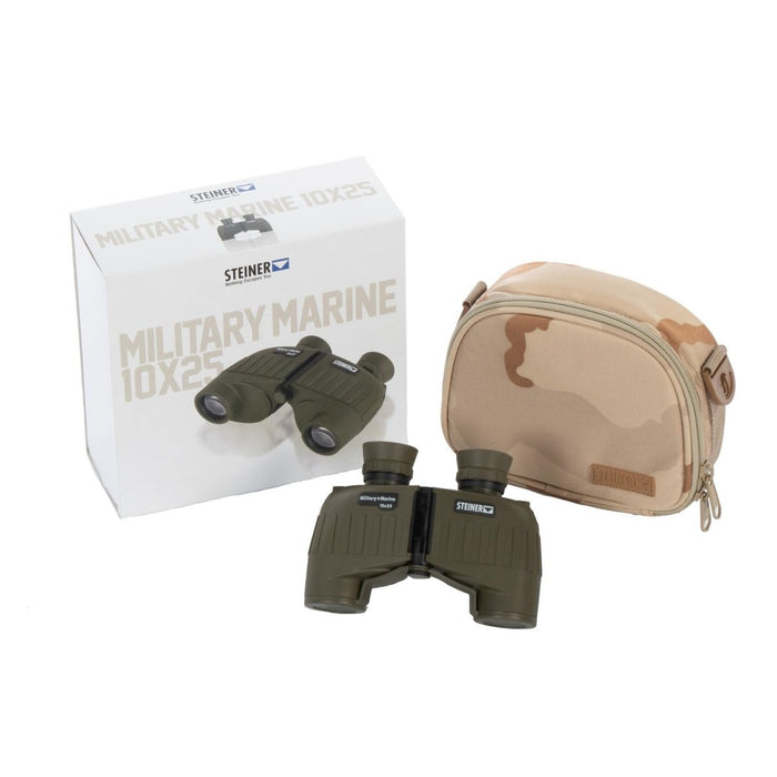 Steiner Military Marine 10x25 Olivenfernglas mit robustem Design, Tragetasche und Verpackungsbox für den Außenbereich.