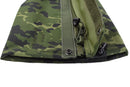 Close-up of TACGEAR waterproof leg gaiter in M84 Danish camo with zipper, drawstring, and metal hooks visible.
