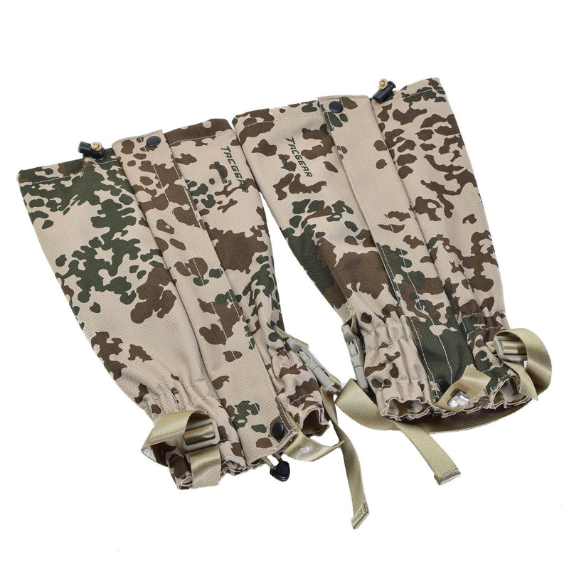 TACGEAR waterproof leg gaiters in Flecktarn Desert camo with metal hooks and adjustable straps for outdoor and tactical use