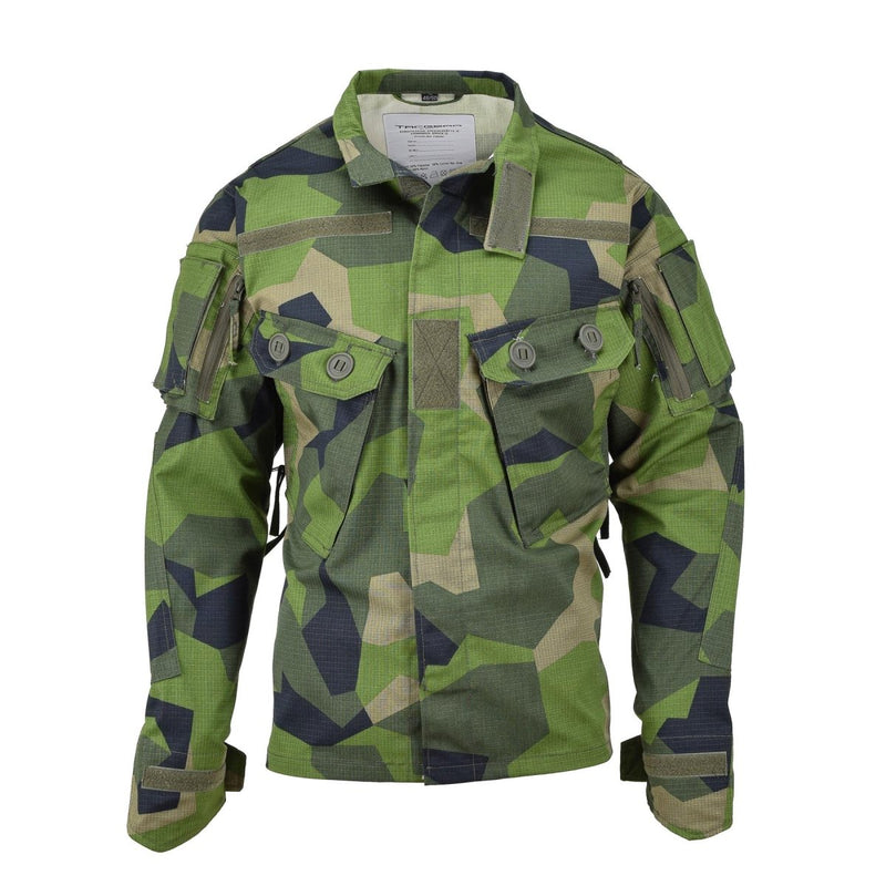 TACGEAR Swedish military style commando field jacket in splinter camo with multiple pockets and reinforced elbows.