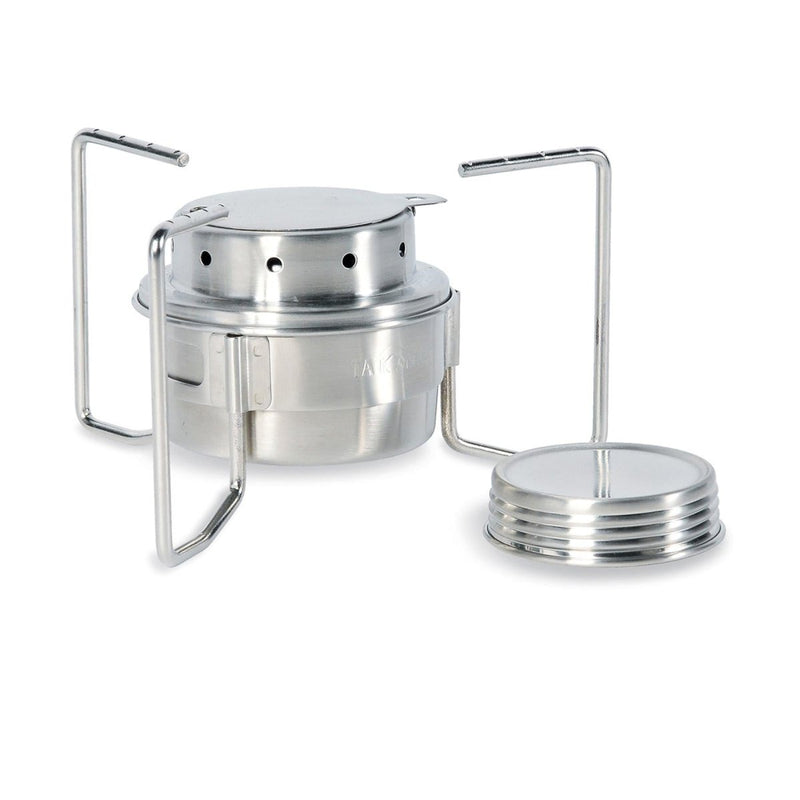 Compact stainless steel Tatonka multifuel spirit burner set with adjustable flame and pot stand for outdoor use
