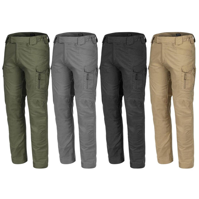 Vier Paar TEXAR Elite Pro 2.0 taktische Ripstop-Cargohosen in Militärqualität in den Farben Grün, Grau, Schwarz und Beige.