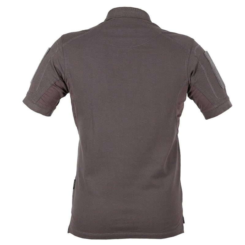 Back view of TEXAR Elite Pro tactical polo shirt in dark gray, short sleeve, durable and breathable military uniform tee.