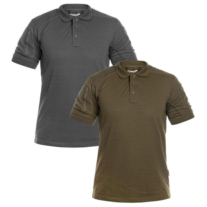 Zwei taktische Kurzarm-Poloshirts von TEXAR Elite Pro in Grau und Olivgrün für den Militär- und Outdoor-Einsatz
