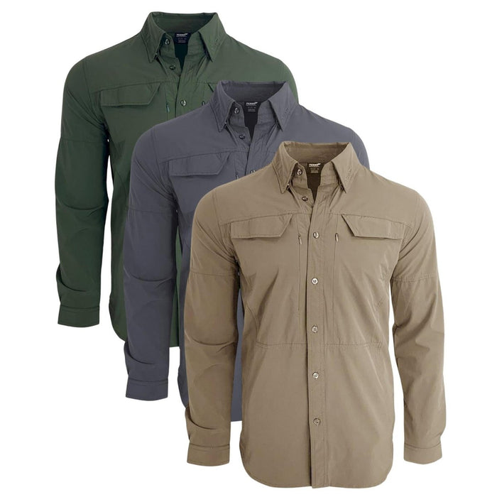 Drei TEXAR Slim-Fit-Militärhemden mit langen Ärmeln in Grün, Grau und Hellbraun mit Knopfleiste vorne und Brusttaschen.