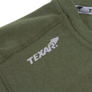 Close-up of olive green TEXAR military wear short sleeve base layer undershirt with reinforced stitching and logo detail.