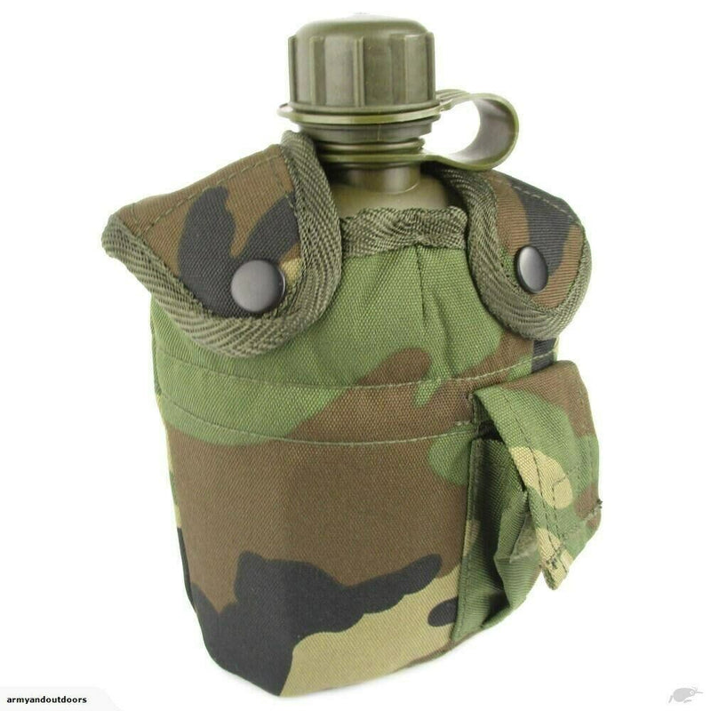 U.S. Army style M1 canteen water bottle with camouflage cover, cup, and alice clips for outdoor use