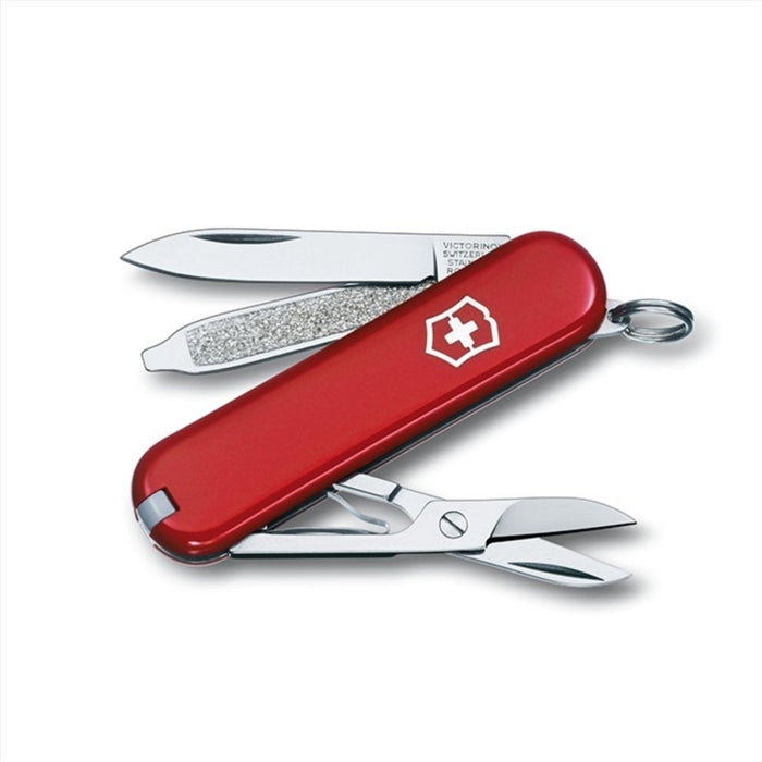 Victorinox Classic SD Schweizer Taschenmesser mit 7 Funktionen, rotem Cellidor-Griff und kompaktem 58-mm-Design