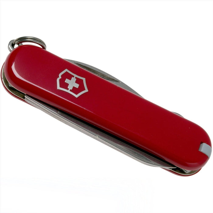 Kompaktes Victorinox Rally Multitool-Messer mit 9 Funktionen, rotem Celidor-Kunststoffgriff und Schlüsselringbefestigung