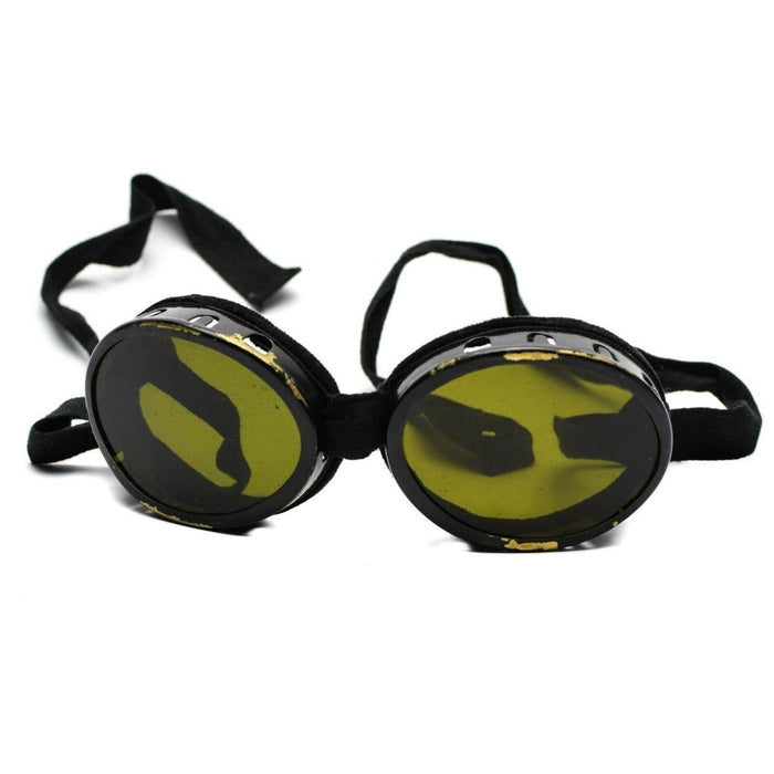Echte Rundhelmbrille der Schweizer Armee aus dem Zweiten Weltkrieg mit gelb getöntem Schutzglas und verstellbarem schwarzem Riemen