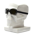 WWII genuine Swiss army round helmet goggles with dark lenses and black strap displayed on mannequin head